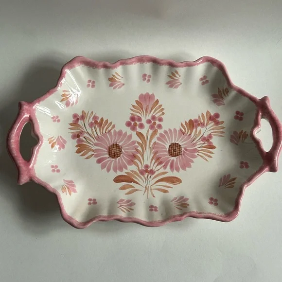 HB Quimper France Faience Camaieu Pink Floral Platter Tray With Handles - Picture 7 of 8
